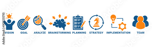 Success banner web icon vector illustration concept with icon of vision, goal, analyze, brainstorming, planning, strategy, implementation, team 