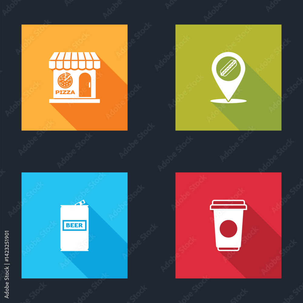 Set Pizzeria building facade, Location with hotdog, Beer can and Coffee cup icon. Vector Set Pizzeria building facade, Location with hotdog, Beer can and Coffee cup icon. Vector