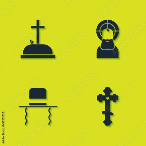 Set Tombstone with cross, Christian, Orthodox jewish hat sidelocks and Jesus icon. Vector
