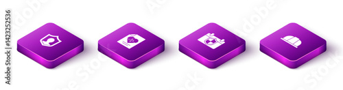 Set Isometric Life insurance with shield, Health, Calendar and Worker safety helmet icon. Vector