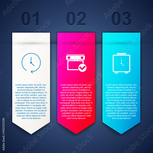 Set Clock, Calendar with check mark and Alarm clock. Business infographic template. Vector