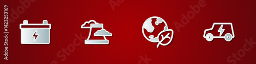 Set Car battery, Nuclear power plant, Earth globe and leaf and Electric car icon. Vector