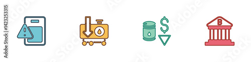 Set Global economic crisis, Drop in crude oil price, and Bank building icon. Vector