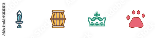 Set Sword for game, Gun powder barrel, King crown and Bear paw footprint icon. Vector