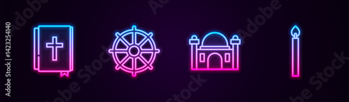 Set line Holy bible book, Dharma wheel, Muslim Mosque and Burning candle. Glowing neon icon. Vector
