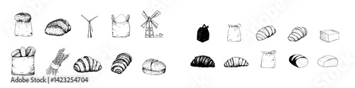 Detailed icon vector illustration showcasing various types of bread, grains, and related elements in a minimalist style