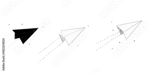 Creative paper airplane vector illustration showcasing three designs in motion against a minimalistic backdrop