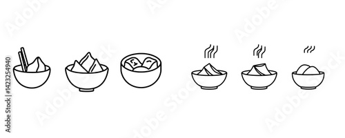 Icon vector illustration of various food bowls with steam and utensils showcasing dining concepts