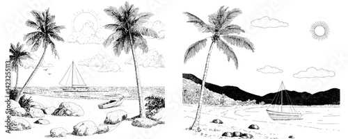 Vector illustration of a tropical beach with palm trees, sailboats, and a sunny sky showcasing a serene coastal landscape