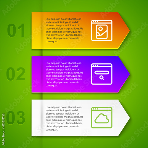 Set line Photo retouching, Search engine and Cloud technology data transfer. Business infographic template. Vector