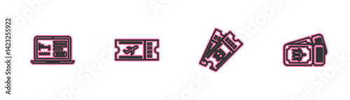 Set line Online hotel booking, Bus ticket, Airline and icon. Vector