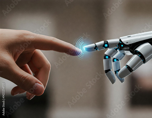 A robot finger touches a human finger and makes a connection with a vibration effect. showing human and artificial intelligence era.