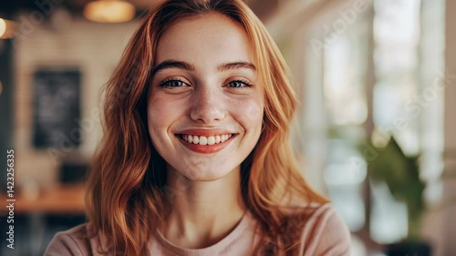 Wallpaper Mural Young caucasian female smiling in sunlit cafe setting Torontodigital.ca