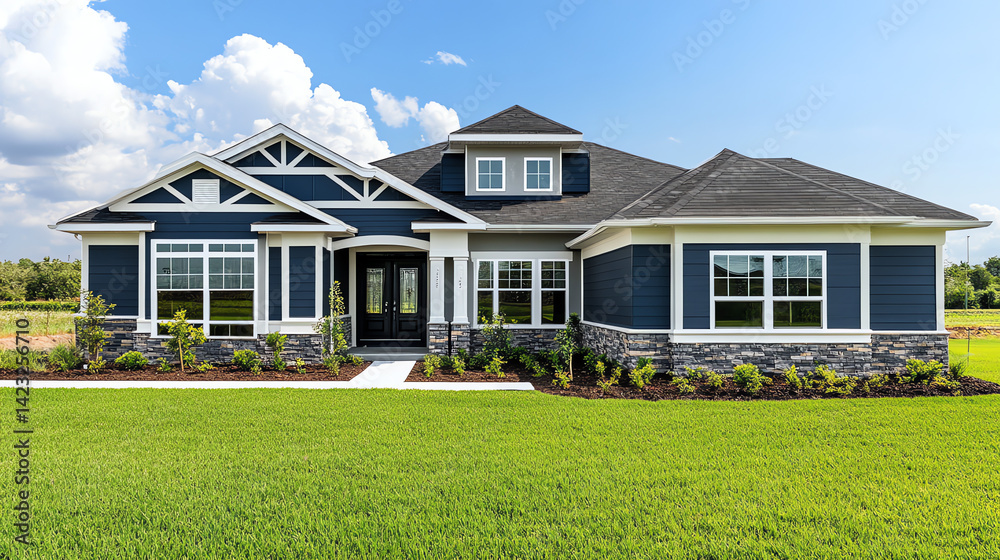 A stunning modern home boasts a navy blue exterior, stone accents, and a lush green lawn. Perfect for real estate and home design websites. A stunning modern home boasts a navy blue exterior, stone accents, and a lush green lawn. Perfect for real estate and home design websites.
