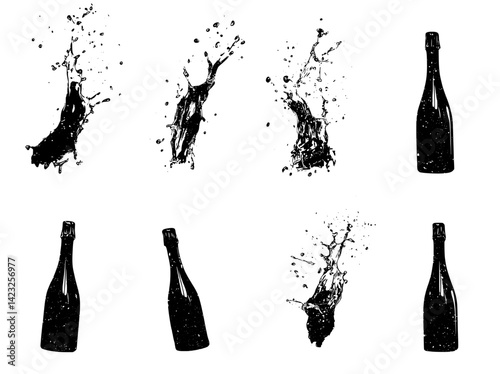 Icon vector illustration of champagne bottles with splash effects in black and white style for celebration and event design
