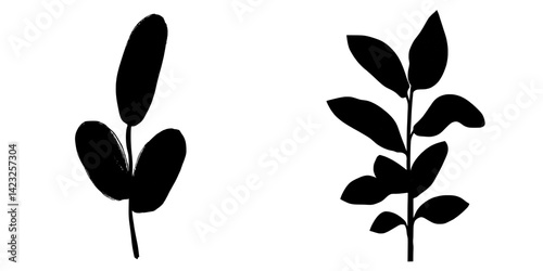 Black silhouette vector illustration of two distinct plant designs ideal for modern decor and creative projects