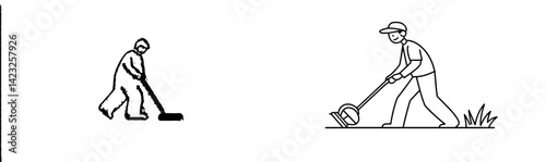 Vector illustration depicting two individuals engaged in outdoor landscaping activities while using gardening tools