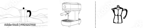 Illustrations of coffee brewing devices showcasing different styles and techniques for making espresso and coffee