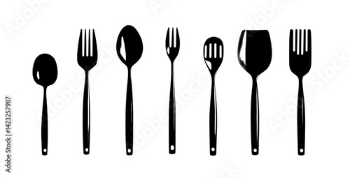Kitchen utensil icon vector illustration featuring various forks and spoons arranged horizontally for culinary design purposes