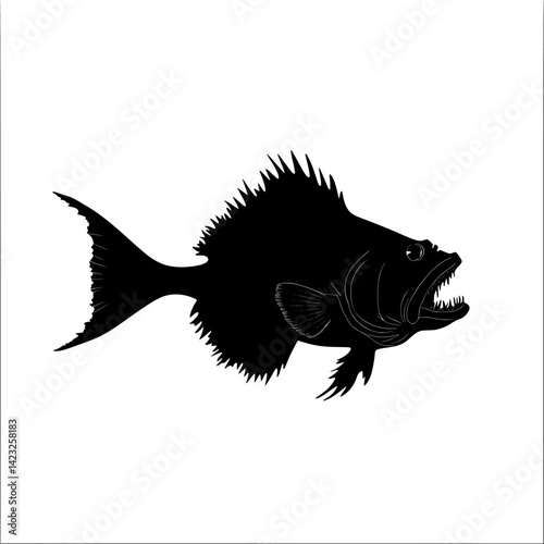 Black silhouette of a fierce fish with sharp features and fins swimming in illustration style