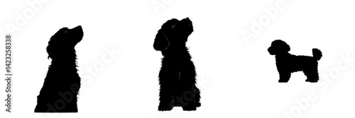 Icon vector illustration of three different dog silhouettes in various sizes and styles