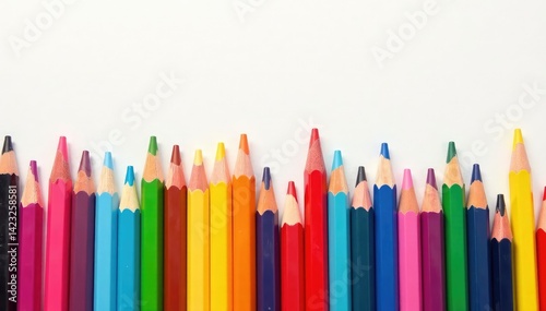 Collection of diverse colorful pencils on white, colorful pencils, education