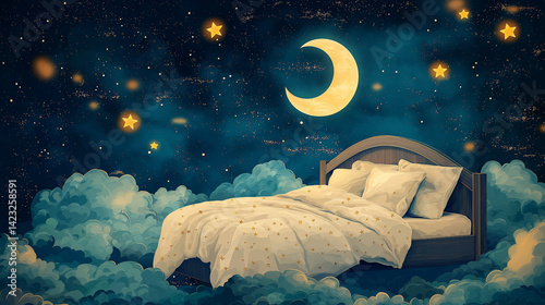 illustration bed with pillows on the night sky, bed with pillows and a white blanket, illustration night sky filled stars crescent moon Bed pillows blanket, generative ai