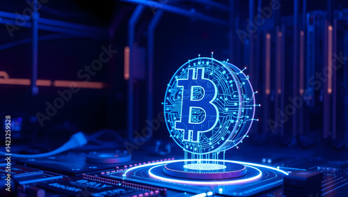 Bitcoin blockchain cryptocurrency mining technology, digital background wallpaper banner.