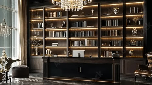 Elegant office interior with dark wood shelves, illuminated books, and luxurious decor