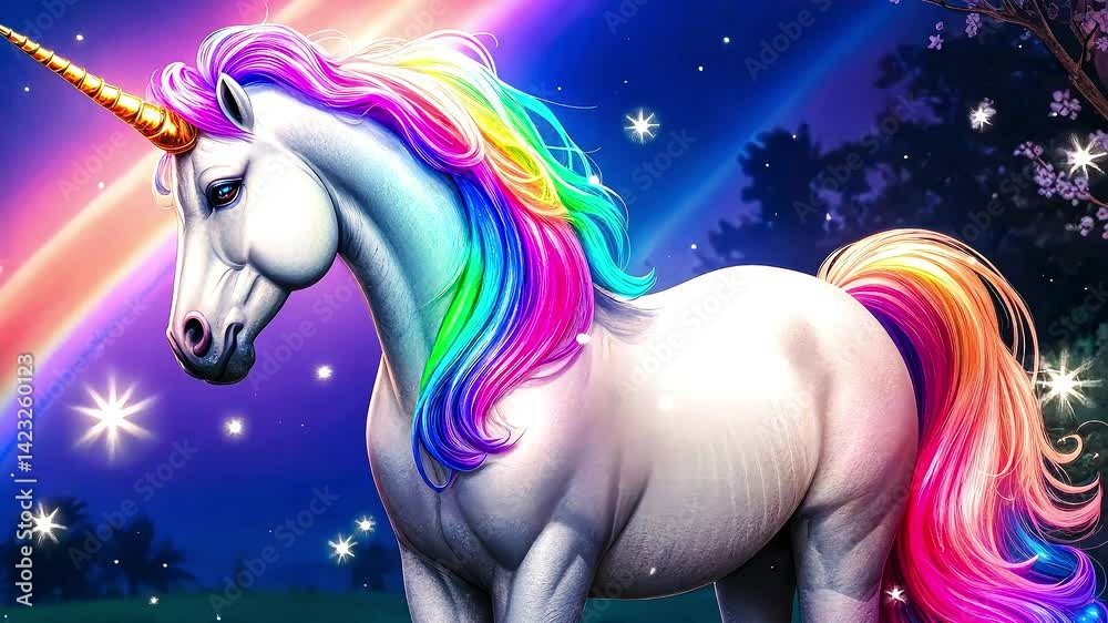 Large white unicorn with rainbow mane on fantasy background, twinkling stars, glow. Mythological creature, animation, fairy tale illustration Large white unicorn with rainbow mane on fantasy background, twinkling stars, glow. Mythological creature, animation, fairy tale illustration