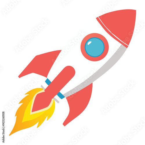 Cartoon rocket launching upwards, vibrant colors, simple design.
