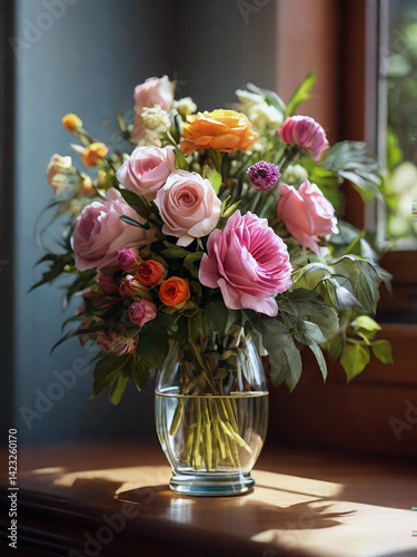 Bouquet of flowers in a glass vase on the windowsill. Created using generative AI tools