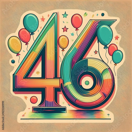 Number 46 with balloons. Retro style illustration for forty-sixth birthday or anniversary