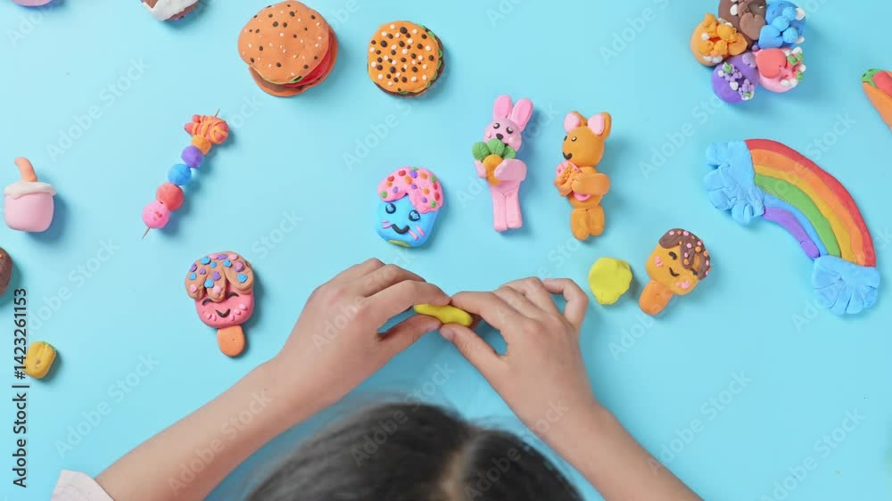 child's hands playing with colorful plasticine on blue background.