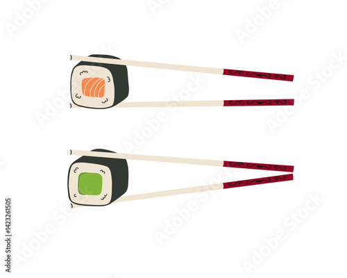 Sushi roll. Japanese seafood with salmon and tuna, chokings hold traditional asian cuisine, delicious Japan dish. Vector cartoon flat style isolated illustration