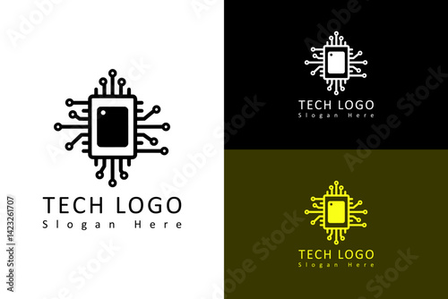 illustration microchip around digital nodes, abstract, vector logo for machine learning, cloud computing, information technology, internet of things, tech, fintech, database, and more