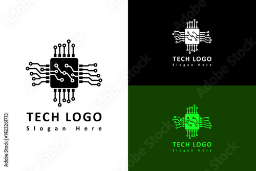 illustration of microchip connecting with neuro lines, vector logo for deep learning, data science, artificial intelligence, information technology, cloud computing, database, tech, and more