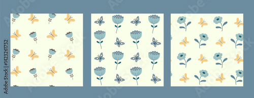 Set of vector seamless patterns with butterfly and blooming flowers. Summer floral wallpapers collection. Repeat textures for textile with a simple nice plants. Botanical ornament.