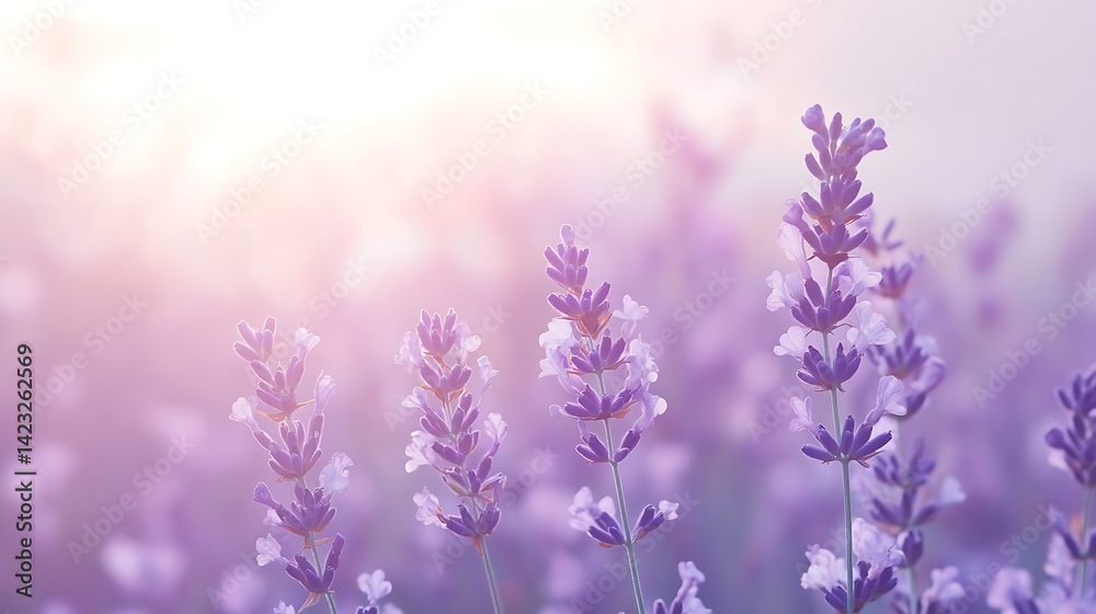 Lavender flowers bloom in soft sunlight field Lavender flowers bloom in soft sunlight field