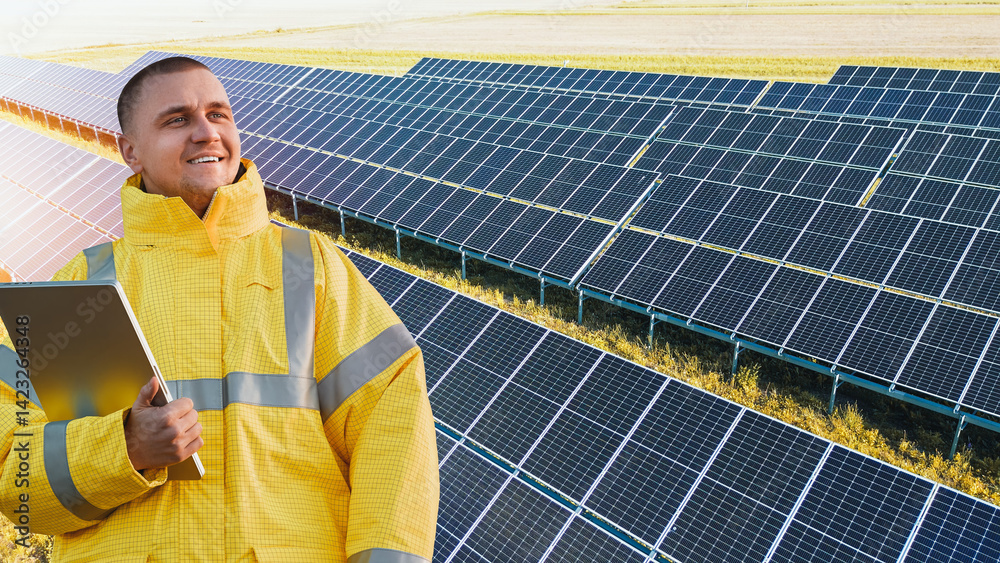 Solar energy engineer with rooftop panels