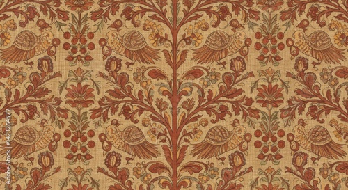 Textured Fabric Earthy Kalamkari Tree of Life Pattern Traditional Indian Art Motif Natural Inspired Design Style
