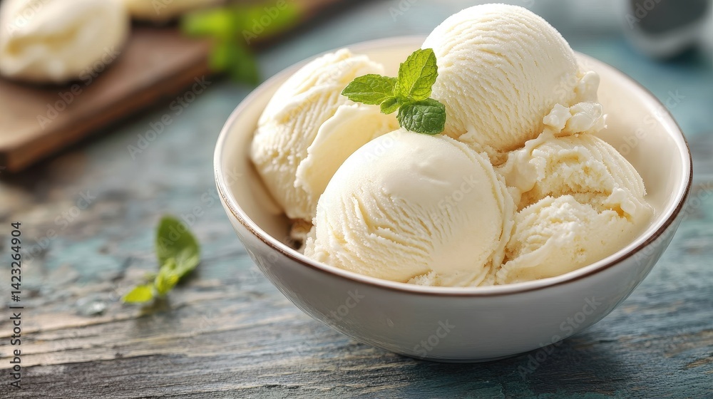 Vanilla ice cream served in a bowl with fresh mint leaves on a rustic wooden table Vanilla ice cream served in a bowl with fresh mint leaves on a rustic wooden table