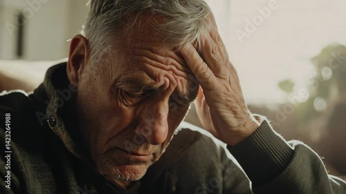 Elderly caucasian male deep in thought at home for mental health awareness