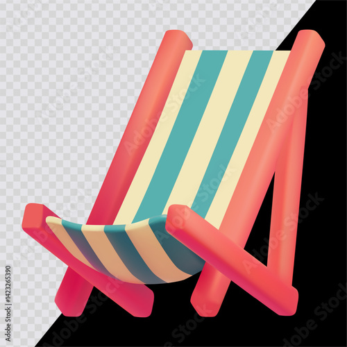 Cartoon deck chair. Tropical vacation design. 3D render style on transparent background. For dark and bright backgrounds.
