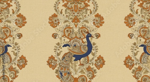 Traditional Indian Art Hand Painted Kalamkari Peacock Motif Warm Beige Cultural Pattern Design Artistic Style