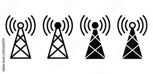 Communication Tower Icons Black and White Wireless Signal Antennas Vector Design Illustration