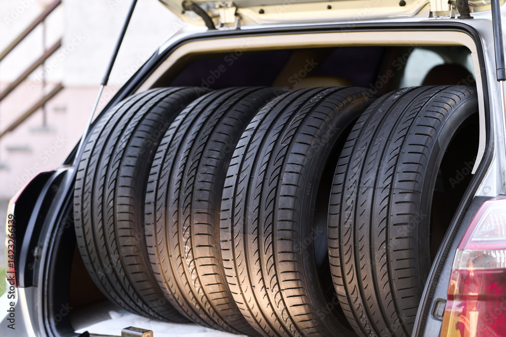 Four summer tires placed in open car trunk
