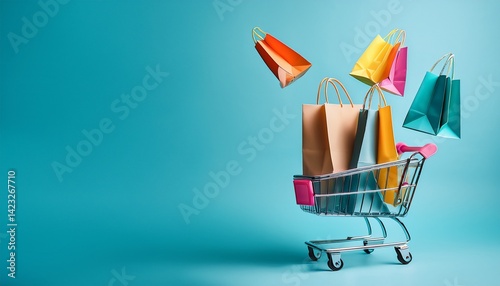 colorful shopping bags floating into shopping cart  photo