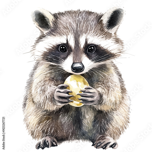 illustration of Raccoon Holding A Shiny Object, watercolor vector, isolated on a white background.