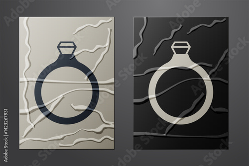 White Diamond engagement ring icon isolated on crumpled paper background. Paper art style. Vector